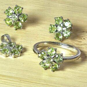 925 Sterling Silver Ring 6.75, Earrings, Pendant with Natural Peridot Gem